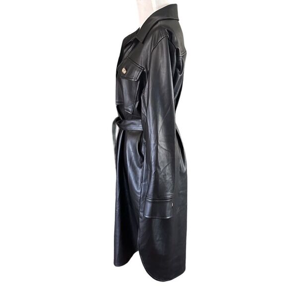 Bohme Black Vegan Leather Button Front Corpcore Goth Fall Midi Dress Jacket - Picture 10 of 13